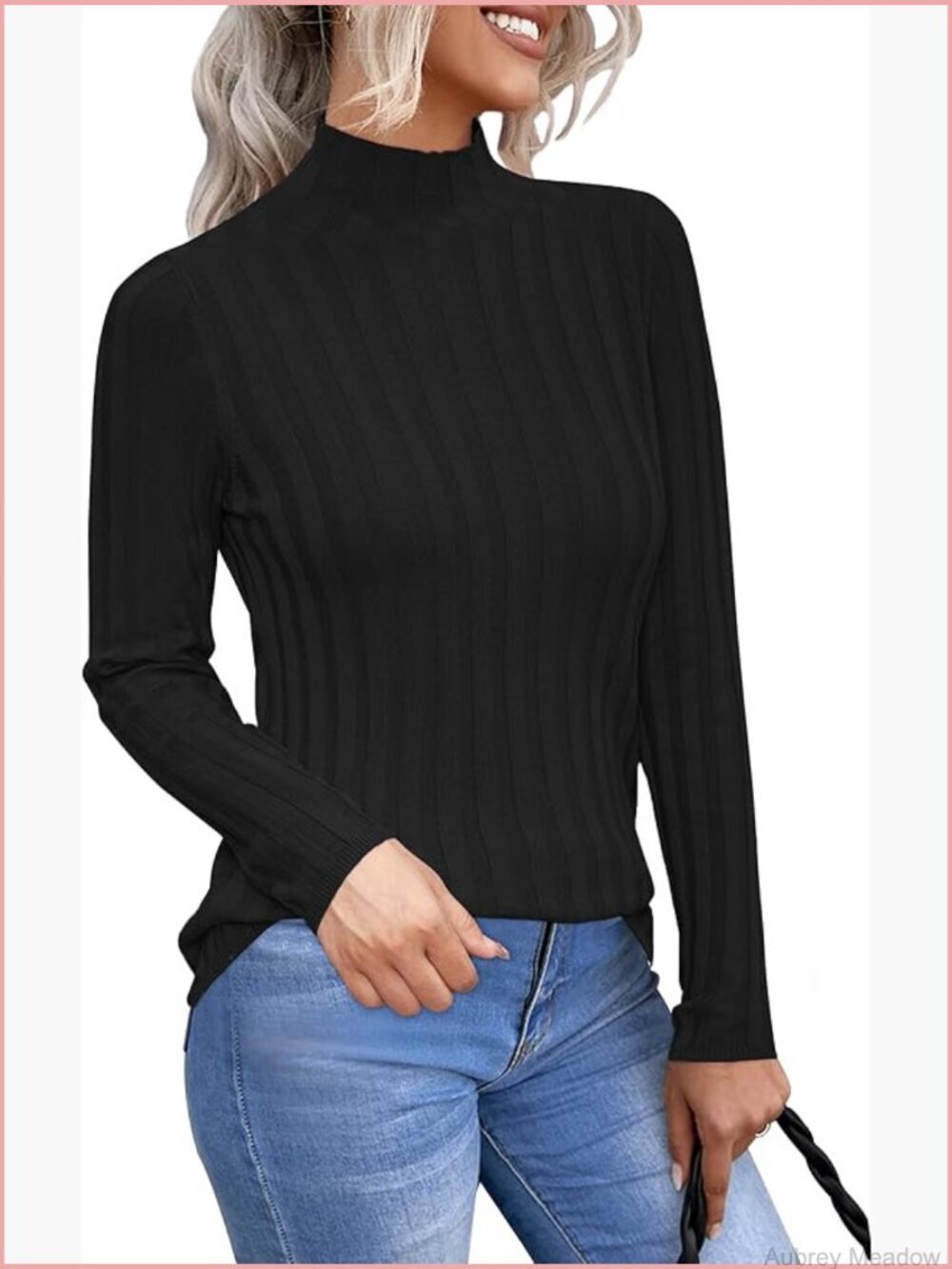 Ribbed Wool Blend Mock Neck Sweater Long Sleeve Fitted Pullover Fall Top